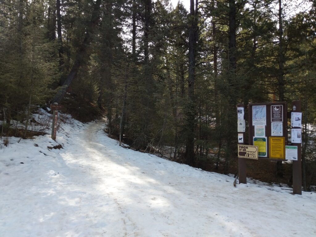 Snowy Maxwell Falls trailhead with the trail post and information kiosk at the edge of a pine forest